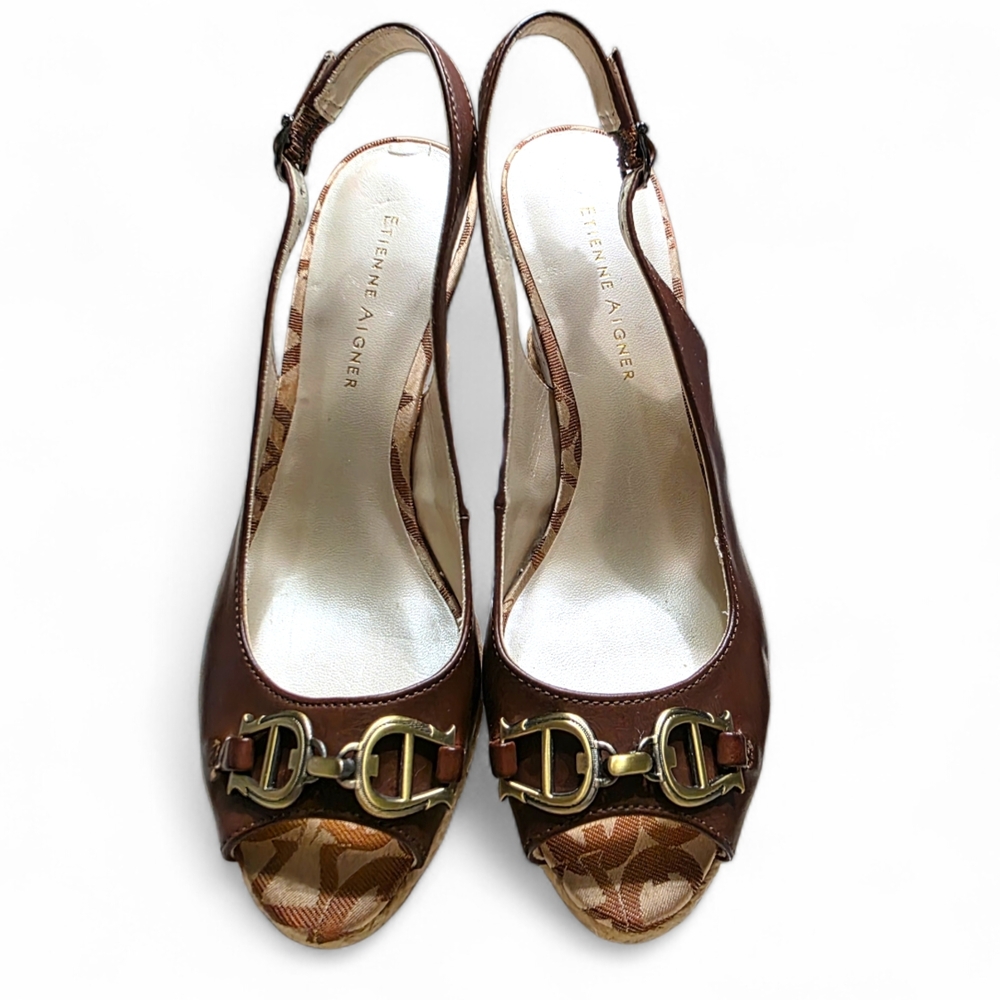 Etienne Aigner "Olexa" Brown Leather Wedge Slingback Sandals Size 6 - Picture 2 of 9